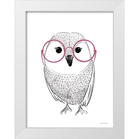Owl in Pink Glasses White Modern Wood Framed Art Print by Nieman, Rachel
