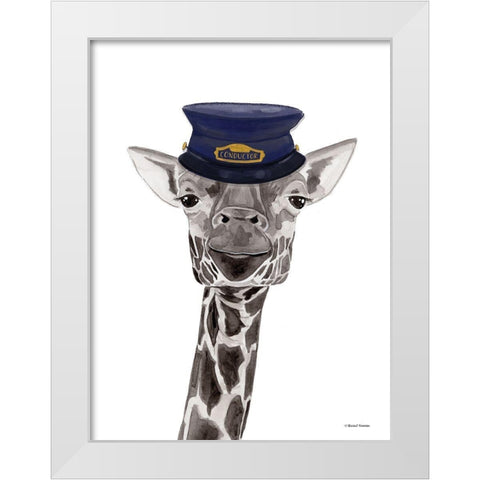 Train Conductor Giraffe White Modern Wood Framed Art Print by Nieman, Rachel