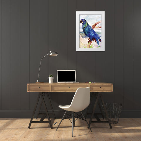 Blue Parrot on Branch 2 White Modern Wood Framed Art Print by Stellar Design Studio