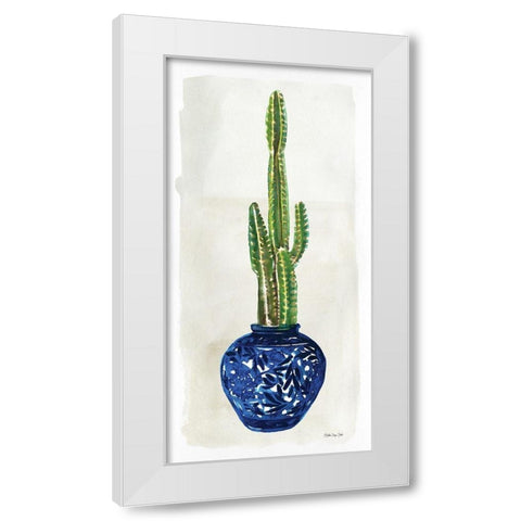 Cacti in Blue Pot 1   White Modern Wood Framed Art Print by Stellar Design Studio