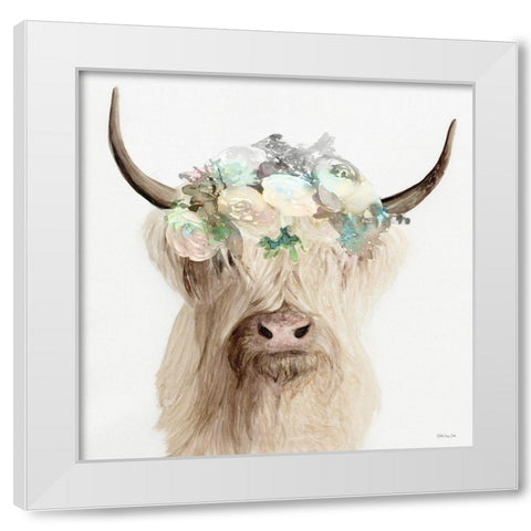 Floral Highland Cow    White Modern Wood Framed Art Print by Stellar Design Studio
