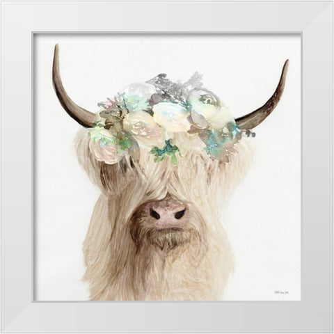 Floral Highland Cow    White Modern Wood Framed Art Print by Stellar Design Studio