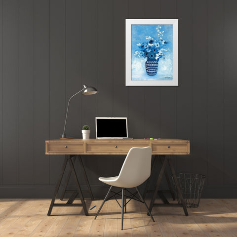 Moody Blue Floral White Modern Wood Framed Art Print by Stellar Design Studio