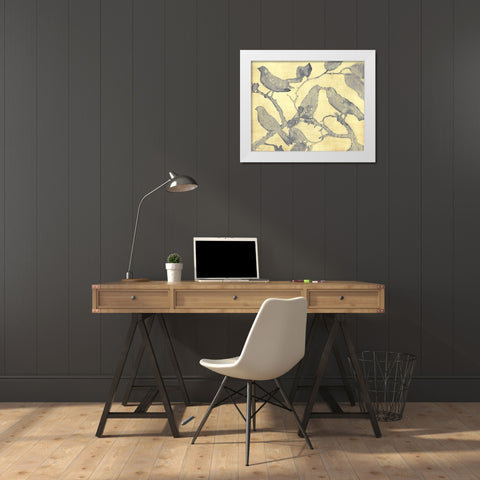 Yellow-Gray Birds 1 White Modern Wood Framed Art Print by Stellar Design Studio