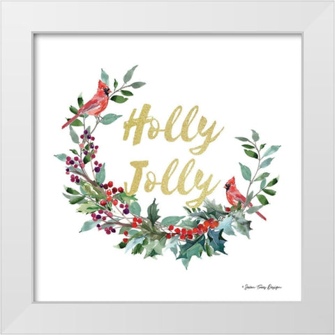 Holly Jolly Cardinal Wreath White Modern Wood Framed Art Print by Seven Trees Design