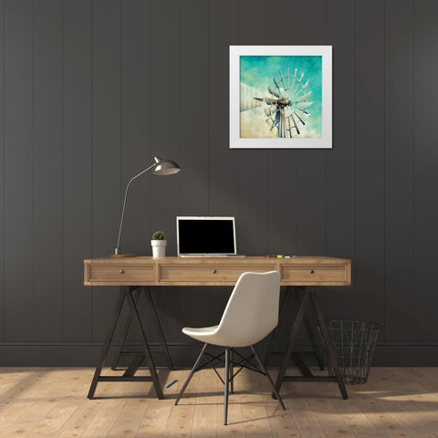 Teal Windmill White Modern Wood Framed Art Print by White Ladder