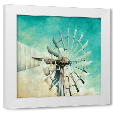 Teal Windmill White Modern Wood Framed Art Print by White Ladder