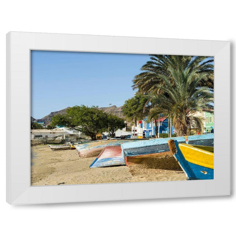 Traditional fishing boats on the beach of the harbor City Mindelo-a seaport Africa White Modern Wood Framed Art Print by Zwick, Martin