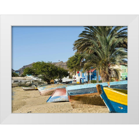 Traditional fishing boats on the beach of the harbor City Mindelo-a seaport Africa White Modern Wood Framed Art Print by Zwick, Martin