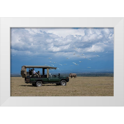 Africa-Kenya-Ol Pejeta Conservancy-Safari jeep with Southern white rhinoceros-Ceratotherium simum White Modern Wood Framed Art Print by Hopkins, Cindy Miller