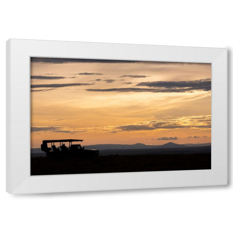 Africa-Kenya-Northern Serengeti Plains-Maasai Mara-Mara sunrise with safari jeep silhouette White Modern Wood Framed Art Print by Hopkins, Cindy Miller