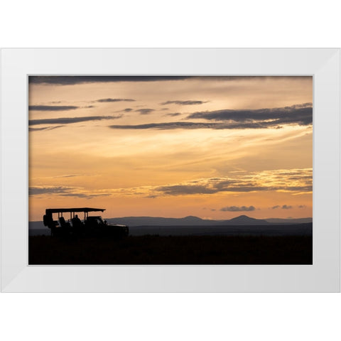 Africa-Kenya-Northern Serengeti Plains-Maasai Mara-Mara sunrise with safari jeep silhouette White Modern Wood Framed Art Print by Hopkins, Cindy Miller