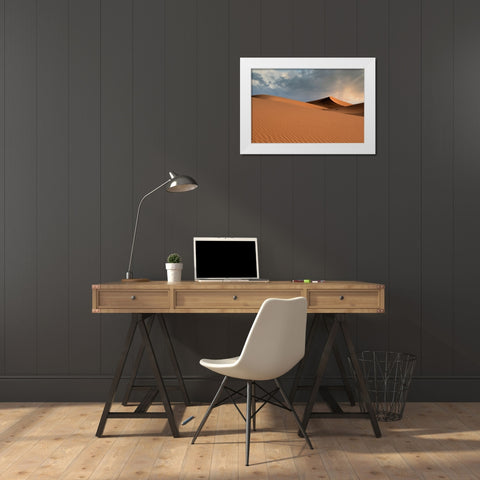 Sand dunes glow orange at sunset in the Sahara Desert. White Modern Wood Framed Art Print by Sederquist, Betty