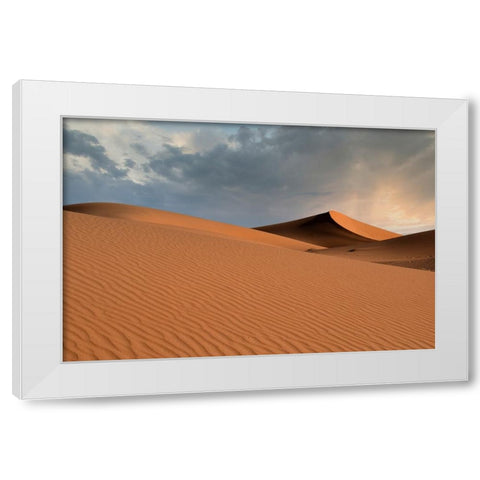 Sand dunes glow orange at sunset in the Sahara Desert. White Modern Wood Framed Art Print by Sederquist, Betty