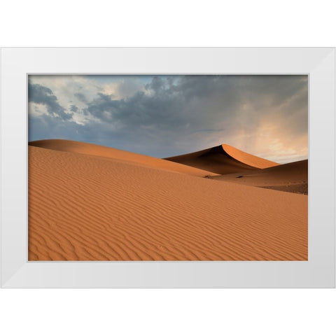 Sand dunes glow orange at sunset in the Sahara Desert. White Modern Wood Framed Art Print by Sederquist, Betty