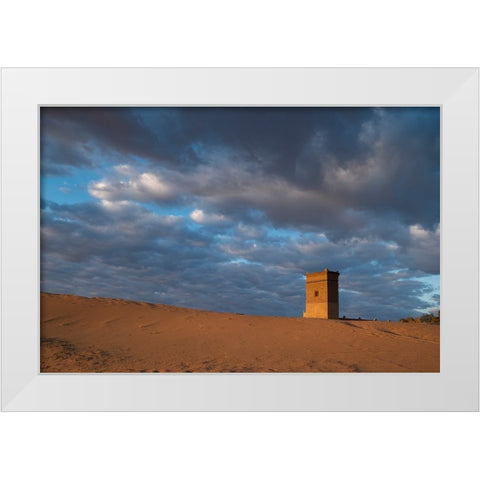 Water tower glows orange in sunrise light. White Modern Wood Framed Art Print by Sederquist, Betty