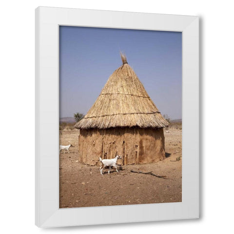 Goats and hut in Himba village, Opuwo, Namibia White Modern Wood Framed Art Print by Kaveney, Wendy