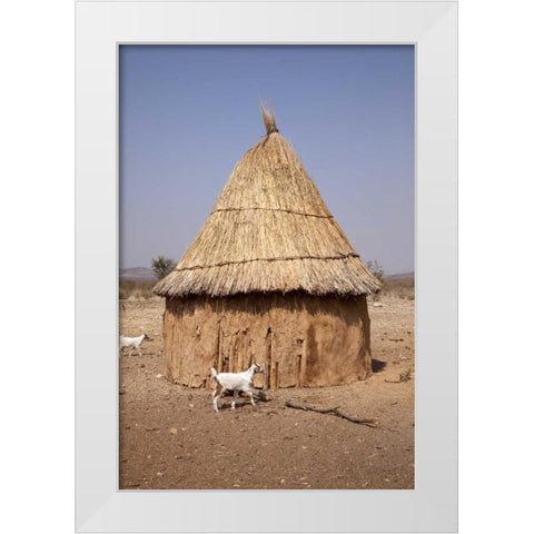 Goats and hut in Himba village, Opuwo, Namibia White Modern Wood Framed Art Print by Kaveney, Wendy
