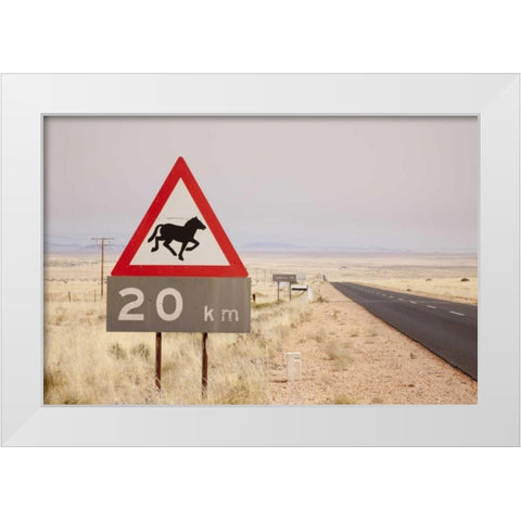 Namibia, Aus Wild horse warning sign White Modern Wood Framed Art Print by Kaveney, Wendy