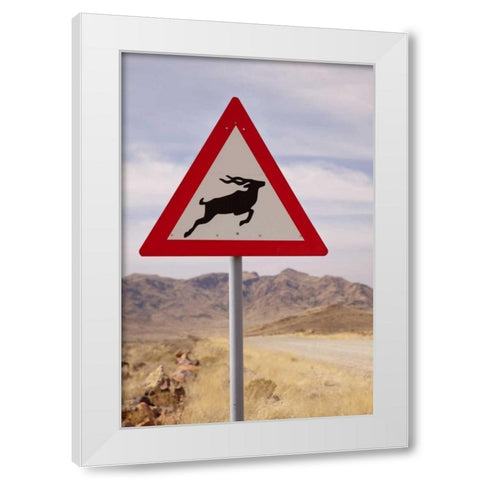 Namibia, Namib Desert, Kudu crossing caution sign White Modern Wood Framed Art Print by Kaveney, Wendy