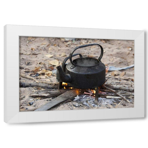 Namibia, Nhoma Kettle heats on an open fire White Modern Wood Framed Art Print by Kaveney, Wendy