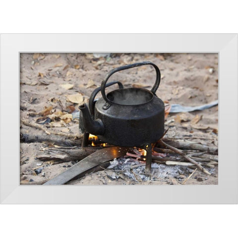 Namibia, Nhoma Kettle heats on an open fire White Modern Wood Framed Art Print by Kaveney, Wendy