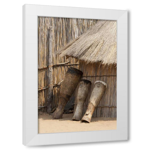 Namibia, Caprivi Strip Tribal drums lean on hut White Modern Wood Framed Art Print by Kaveney, Wendy