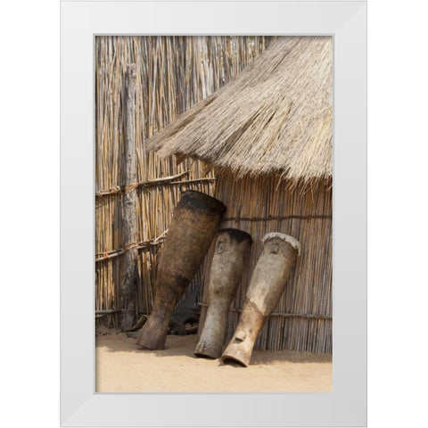 Namibia, Caprivi Strip Tribal drums lean on hut White Modern Wood Framed Art Print by Kaveney, Wendy