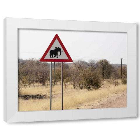 Namibia, Damaraland Sign warning about elephants White Modern Wood Framed Art Print by Kaveney, Wendy