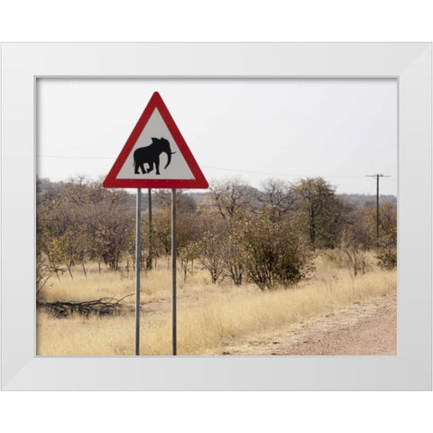 Namibia, Damaraland Sign warning about elephants White Modern Wood Framed Art Print by Kaveney, Wendy