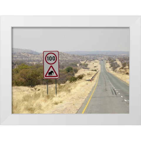 Namibia, Etosha NP Speed limit and caution sign White Modern Wood Framed Art Print by Kaveney, Wendy