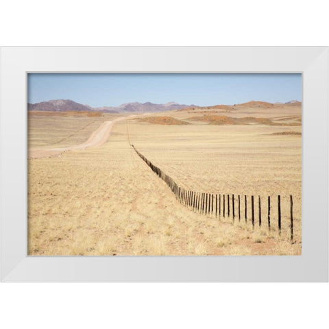 Namibia, Namib Desert Road and fence in desert White Modern Wood Framed Art Print by Kaveney, Wendy