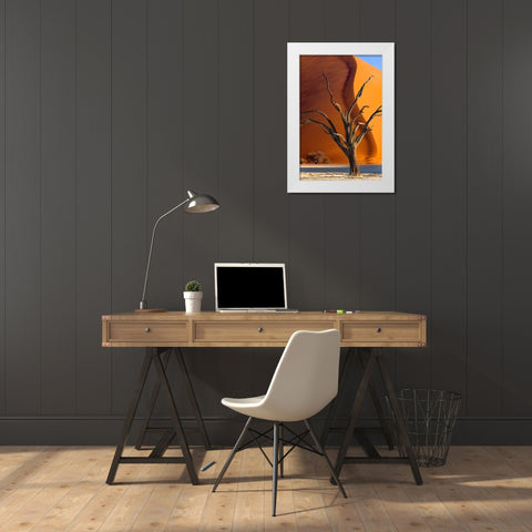 Namibia-Sossusvlei-Namib-Naukluft National Park-Composite of dead tree and sand dune White Modern Wood Framed Art Print by Jaynes Gallery