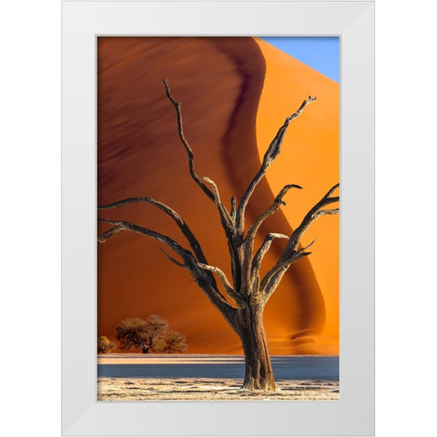Namibia-Sossusvlei-Namib-Naukluft National Park-Composite of dead tree and sand dune White Modern Wood Framed Art Print by Jaynes Gallery
