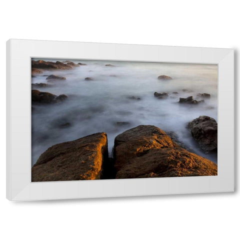 South Africa Sunset on ocean and shore rocks White Modern Wood Framed Art Print by Young, Bill