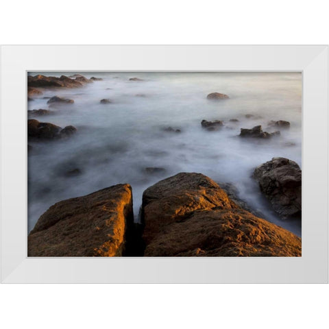 South Africa Sunset on ocean and shore rocks White Modern Wood Framed Art Print by Young, Bill
