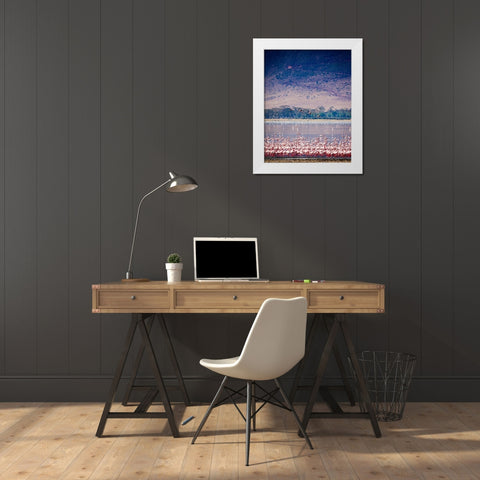 Lesser flamingos rest and feed in Lake Magadi inside Ngorongoro Crater-Tanzania White Modern Wood Framed Art Print by Richardson, Larry