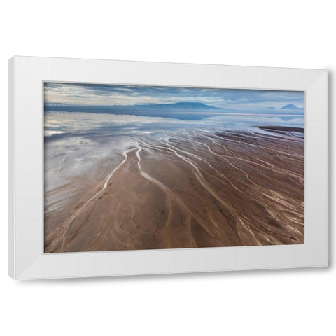 Africa-Tanzania-Aerial view of streams winding along shore and distant Ol Doinyo Lengai volcano White Modern Wood Framed Art Print by Souders, Paul