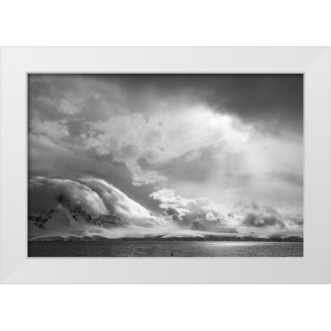 Antarctica, Stormy snow clouds over peninsula White Modern Wood Framed Art Print by Young, Bill