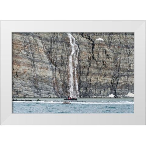 Zodiac approaching waterfall and king penguins on the beach-Gold Harbour-South Georgia-Antarctica White Modern Wood Framed Art Print by Su, Keren