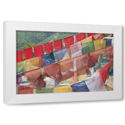 Asia, Bhutan, Thimphu Colorful prayer flags White Modern Wood Framed Art Print by Kirkland, Dennis