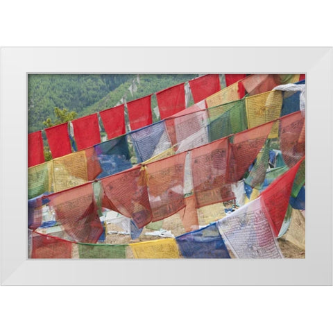 Asia, Bhutan, Thimphu Colorful prayer flags White Modern Wood Framed Art Print by Kirkland, Dennis