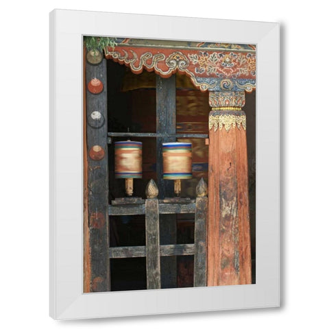 Bhutan, Bumthang Prayer wheel at Jampey Lhakhang White Modern Wood Framed Art Print by Kirkland, Dennis