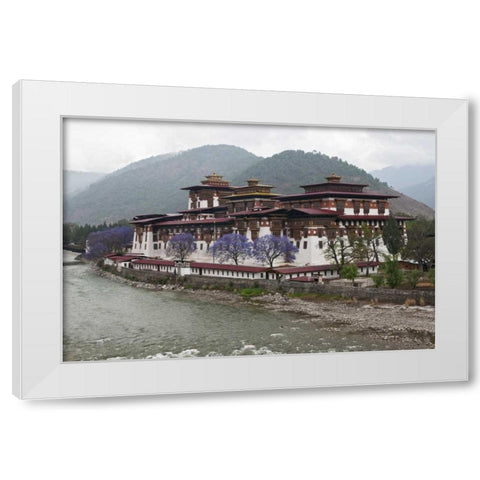 Bhutan Punakha Dzong palace with jacaranda White Modern Wood Framed Art Print by Kirkland, Dennis