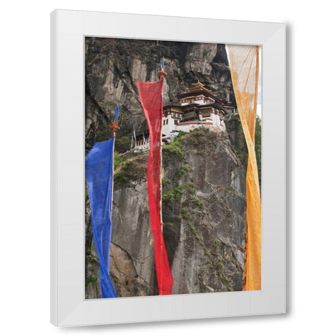 Bhutan Prayer flags hang near Taktshang White Modern Wood Framed Art Print by Kirkland, Dennis