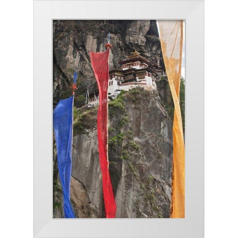 Bhutan Prayer flags hang near Taktshang White Modern Wood Framed Art Print by Kirkland, Dennis