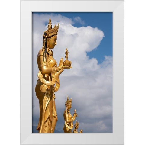 Bhutan-Thimphu Kuensel Phodrang-aka Buddha Point-Golden Bodhisattva statues White Modern Wood Framed Art Print by Hopkins, Cindy Miller