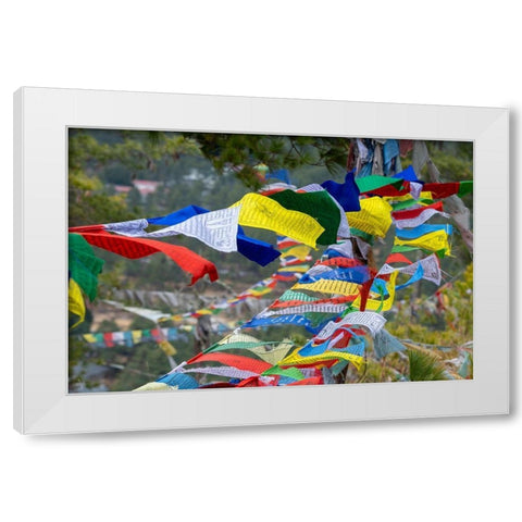 Bhutan-Thimphu Colorful prayer flags on mountain top at the Sangaygang Geodetic Station White Modern Wood Framed Art Print by Hopkins, Cindy Miller