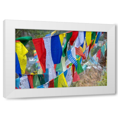 Bhutan-Thimphu Colorful prayer flags on mountain top at the Sangaygang Geodetic Station White Modern Wood Framed Art Print by Hopkins, Cindy Miller