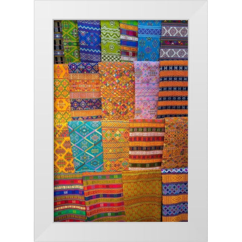 Bhutan-Thimphu Traditional colorful and ornate hand woven textiles White Modern Wood Framed Art Print by Hopkins, Cindy Miller